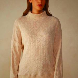 Women's Intimissimi Winter Braid Long Sleeve Jacquard Top Beige