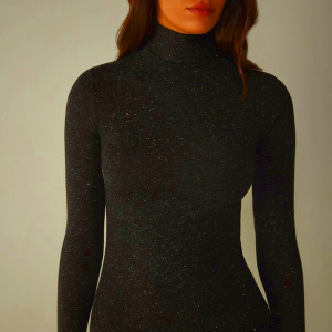 Women's Intimissimi Turtleneck Top in Modal Light with Cashmere Lamé - Black